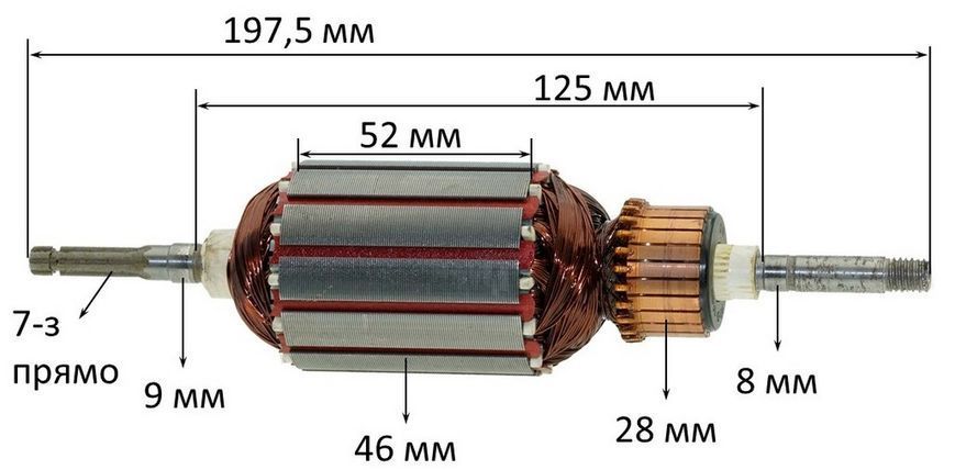 Якорь триммера электрический ЗТС-1400ZH, Powertec, Темп 1500 (197*46 7-з /прямо) як738 фото